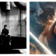 Side-by-side split image featuring two Star Wars character stills. On the left, a black-and-white photograph shows two men wearing dark jackets seated against an industrial metallic backdrop. On the right, a colourful artwork shows Ahsoka Tano in profile wearing her striped head-tails and arm wraps, with a faint, glowing-eyed face overlaid in the background and a bright beam of light cutting diagonally across the bottom.