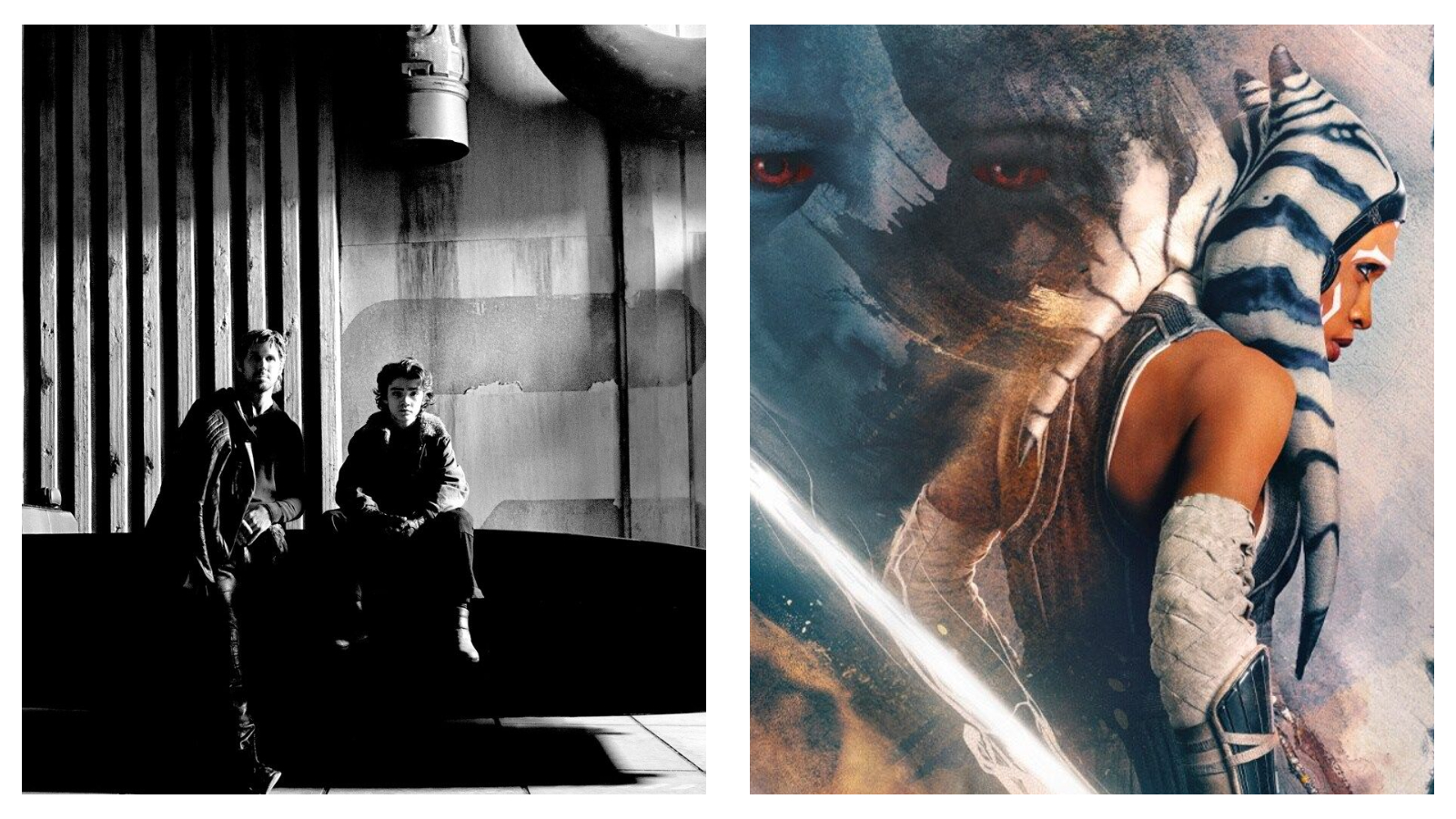 Side-by-side split image featuring two Star Wars character stills. On the left, a black-and-white photograph shows two men wearing dark jackets seated against an industrial metallic backdrop. On the right, a colourful artwork shows Ahsoka Tano in profile wearing her striped head-tails and arm wraps, with a faint, glowing-eyed face overlaid in the background and a bright beam of light cutting diagonally across the bottom.
