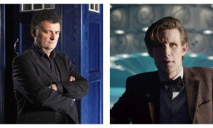 Side-by-side panel showing Steven Moffat in a dark suit with crossed arms before a blue TARDIS, alongside Matt Smith in a tweed jacket and bow tie inside the console room.
