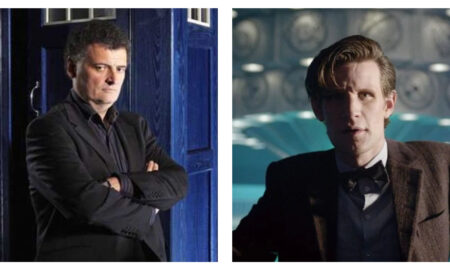 Side-by-side panel showing Steven Moffat in a dark suit with crossed arms before a blue TARDIS, alongside Matt Smith in a tweed jacket and bow tie inside the console room.