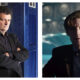 Side-by-side panel showing Steven Moffat in a dark suit with crossed arms before a blue TARDIS, alongside Matt Smith in a tweed jacket and bow tie inside the console room.