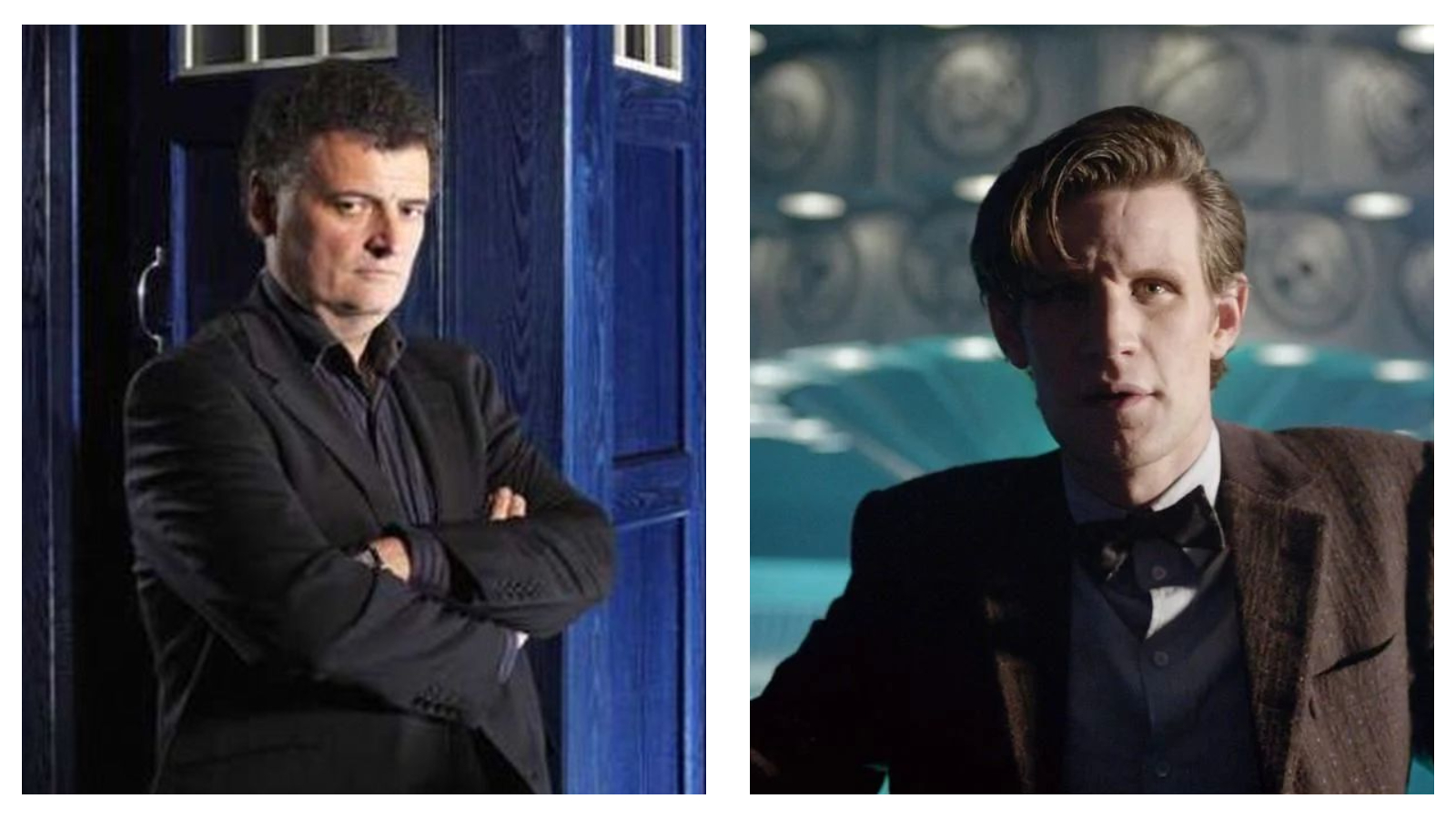 Side-by-side panel showing Steven Moffat in a dark suit with crossed arms before a blue TARDIS, alongside Matt Smith in a tweed jacket and bow tie inside the console room.