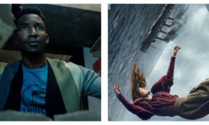 Side-by-side comparison of stills from cancelled streaming shows. On the left, a man in a cardigan looks up wide-eyed in a low-angle shot (Archive 81). On the right, a woman in a red top falls sideways through mid-air near a tilted ocean steamship (1899).