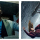 Side-by-side comparison of stills from cancelled streaming shows. On the left, a man in a cardigan looks up wide-eyed in a low-angle shot (Archive 81). On the right, a woman in a red top falls sideways through mid-air near a tilted ocean steamship (1899).