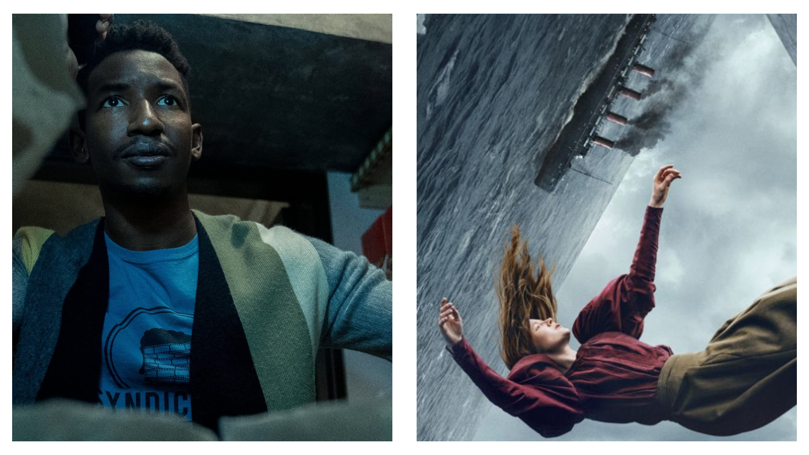 Side-by-side comparison of stills from cancelled streaming shows. On the left, a man in a cardigan looks up wide-eyed in a low-angle shot (Archive 81). On the right, a woman in a red top falls sideways through mid-air near a tilted ocean steamship (1899).
