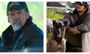 Side-by-side movie stills from The Dog Stars. On the left, Josh Brolin wears a baseball cap and dark leather jacket while looking intently off-camera. On the right, Jacob Elordi in a padded jacket and cap sits outdoors looking skyward, next to a German Shepherd dog facing forward.