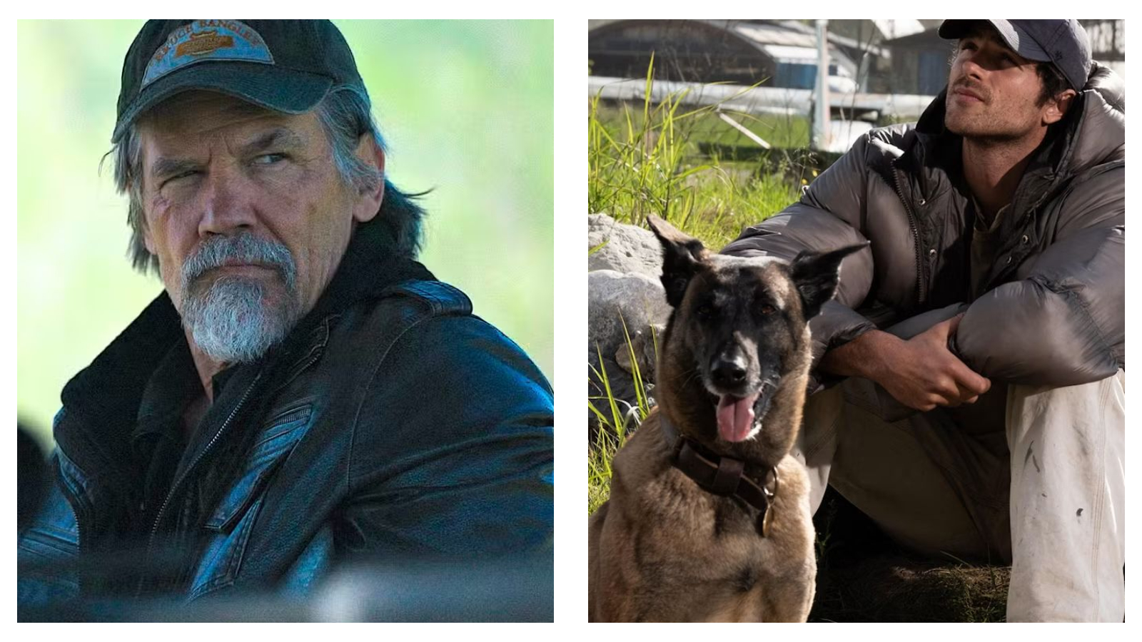 Side-by-side movie stills from The Dog Stars. On the left, Josh Brolin wears a baseball cap and dark leather jacket while looking intently off-camera. On the right, Jacob Elordi in a padded jacket and cap sits outdoors looking skyward, next to a German Shepherd dog facing forward.