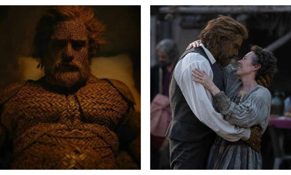 Side-by-side film stills featuring Alexander Skarsgård in an intricate, woven wicker costume on the left, and a smiling Olivia Colman embracing Skarsgård’s wicker character on the right.