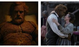 Side-by-side film stills featuring Alexander Skarsgård in an intricate, woven wicker costume on the left, and a smiling Olivia Colman embracing Skarsgård’s wicker character on the right.