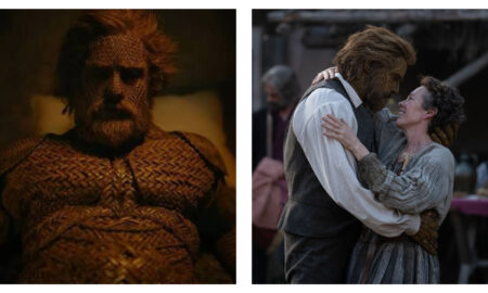 Side-by-side film stills featuring Alexander Skarsgård in an intricate, woven wicker costume on the left, and a smiling Olivia Colman embracing Skarsgård’s wicker character on the right.