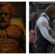 Side-by-side film stills featuring Alexander Skarsgård in an intricate, woven wicker costume on the left, and a smiling Olivia Colman embracing Skarsgård’s wicker character on the right.