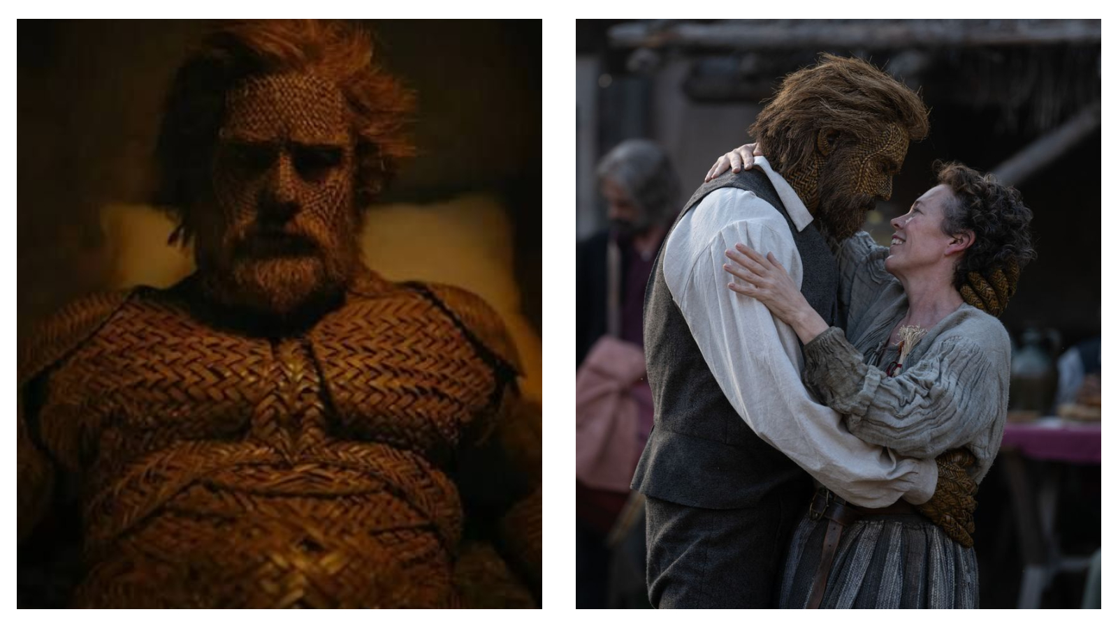 Side-by-side film stills featuring Alexander Skarsgård in an intricate, woven wicker costume on the left, and a smiling Olivia Colman embracing Skarsgård’s wicker character on the right.