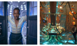 Side-by-side comparison of two Doctor Who TARDIS interiors. On the left, Ncuti Gatwa as the Fifteenth Doctor stands in the open doorway of the blue TARDIS, wearing a striped zipped top and dark trousers, with a brightly lit, modern white TARDIS interior visible behind him. On the right, Matt Smith as the Eleventh Doctor walks across the glowing glass floor of a retro-futuristic, warm-toned TARDIS control room featuring a central console with levers, wires, and round wall lights.