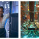 Side-by-side comparison of two Doctor Who TARDIS interiors. On the left, Ncuti Gatwa as the Fifteenth Doctor stands in the open doorway of the blue TARDIS, wearing a striped zipped top and dark trousers, with a brightly lit, modern white TARDIS interior visible behind him. On the right, Matt Smith as the Eleventh Doctor walks across the glowing glass floor of a retro-futuristic, warm-toned TARDIS control room featuring a central console with levers, wires, and round wall lights.