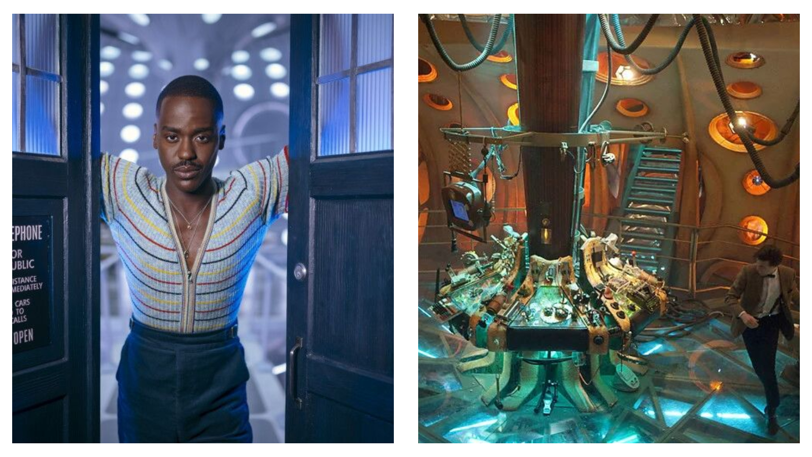 Side-by-side comparison of two Doctor Who TARDIS interiors. On the left, Ncuti Gatwa as the Fifteenth Doctor stands in the open doorway of the blue TARDIS, wearing a striped zipped top and dark trousers, with a brightly lit, modern white TARDIS interior visible behind him. On the right, Matt Smith as the Eleventh Doctor walks across the glowing glass floor of a retro-futuristic, warm-toned TARDIS control room featuring a central console with levers, wires, and round wall lights.