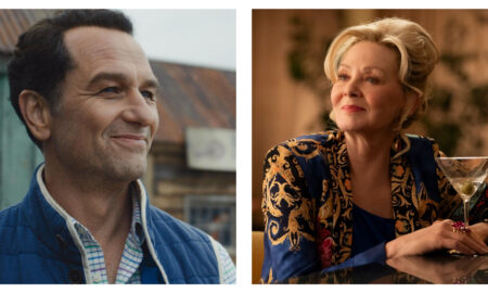Side-by-side stills: Matthew Rhys smiling outdoors in Widow's Bay beside Jean Smart as Deborah Vance in Hacks, resting her hand near a martini glass.