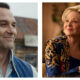 Side-by-side stills: Matthew Rhys smiling outdoors in Widow's Bay beside Jean Smart as Deborah Vance in Hacks, resting her hand near a martini glass.