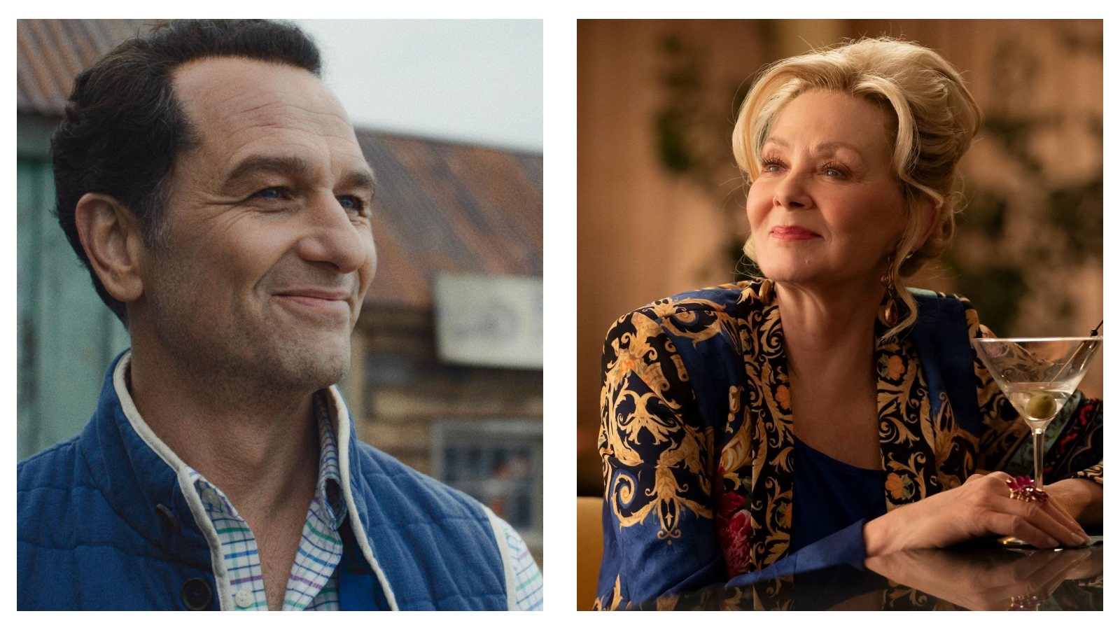 Side-by-side stills: Matthew Rhys smiling outdoors in Widow's Bay beside Jean Smart as Deborah Vance in Hacks, resting her hand near a martini glass.