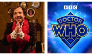 A split graphic featuring actor and comedian George Fouracres alongside the Doctor Who logo. On the left, Fouracres smiles with his hands held together in front of him, wearing a dark coat over a white shirt and red scarf. On the right, the official BBC Doctor Who logo appears in bold, blue lettering against a swirling blue background with light ray effects.