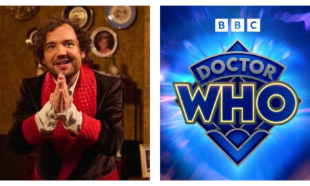 A split graphic featuring actor and comedian George Fouracres alongside the Doctor Who logo. On the left, Fouracres smiles with his hands held together in front of him, wearing a dark coat over a white shirt and red scarf. On the right, the official BBC Doctor Who logo appears in bold, blue lettering against a swirling blue background with light ray effects.