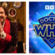 A split graphic featuring actor and comedian George Fouracres alongside the Doctor Who logo. On the left, Fouracres smiles with his hands held together in front of him, wearing a dark coat over a white shirt and red scarf. On the right, the official BBC Doctor Who logo appears in bold, blue lettering against a swirling blue background with light ray effects.