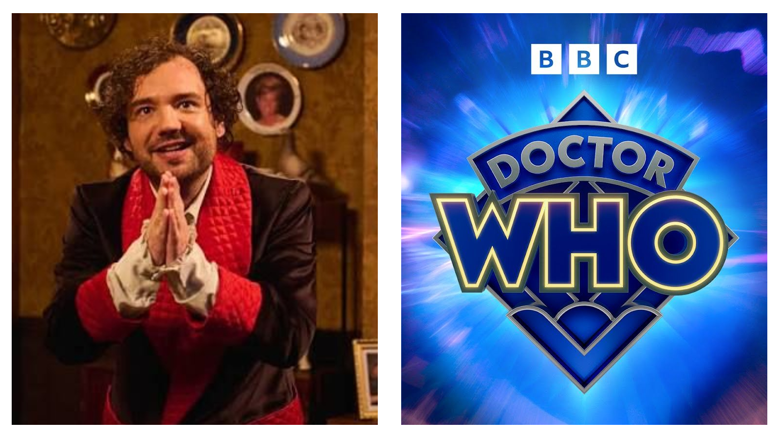A split graphic featuring actor and comedian George Fouracres alongside the Doctor Who logo. On the left, Fouracres smiles with his hands held together in front of him, wearing a dark coat over a white shirt and red scarf. On the right, the official BBC Doctor Who logo appears in bold, blue lettering against a swirling blue background with light ray effects.