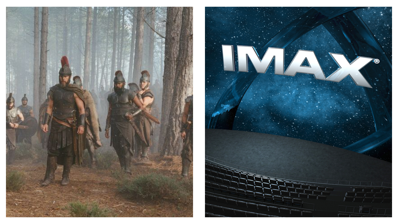 A split image promoting the film The Odyssey. On the left, ancient Greek soldiers in bronze armour and feathered helmets march through a misty pine forest. On the right, the silver "IMAX" logo hovers in a starry, blue space backdrop above an empty cinema hall.