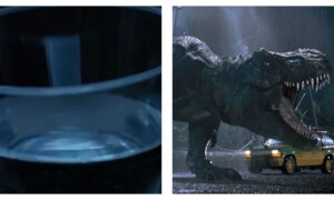 Two side-by-side film stills from Jurassic Park during a dark, rainy night. On the left, a close-up shows water rippling in a glass. On the right, a giant Tyrannosaurus rex roars with its mouth open next to a yellow and green tour vehicle bearing the text "JURASSIC PARK".