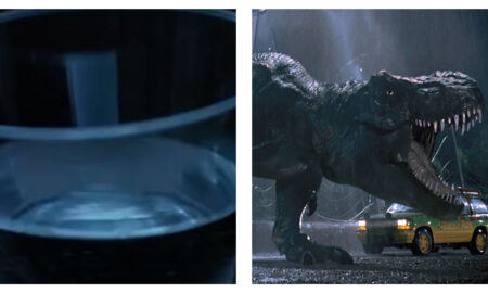 Two side-by-side film stills from Jurassic Park during a dark, rainy night. On the left, a close-up shows water rippling in a glass. On the right, a giant Tyrannosaurus rex roars with its mouth open next to a yellow and green tour vehicle bearing the text "JURASSIC PARK".
