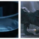 Two side-by-side film stills from Jurassic Park during a dark, rainy night. On the left, a close-up shows water rippling in a glass. On the right, a giant Tyrannosaurus rex roars with its mouth open next to a yellow and green tour vehicle bearing the text "JURASSIC PARK".