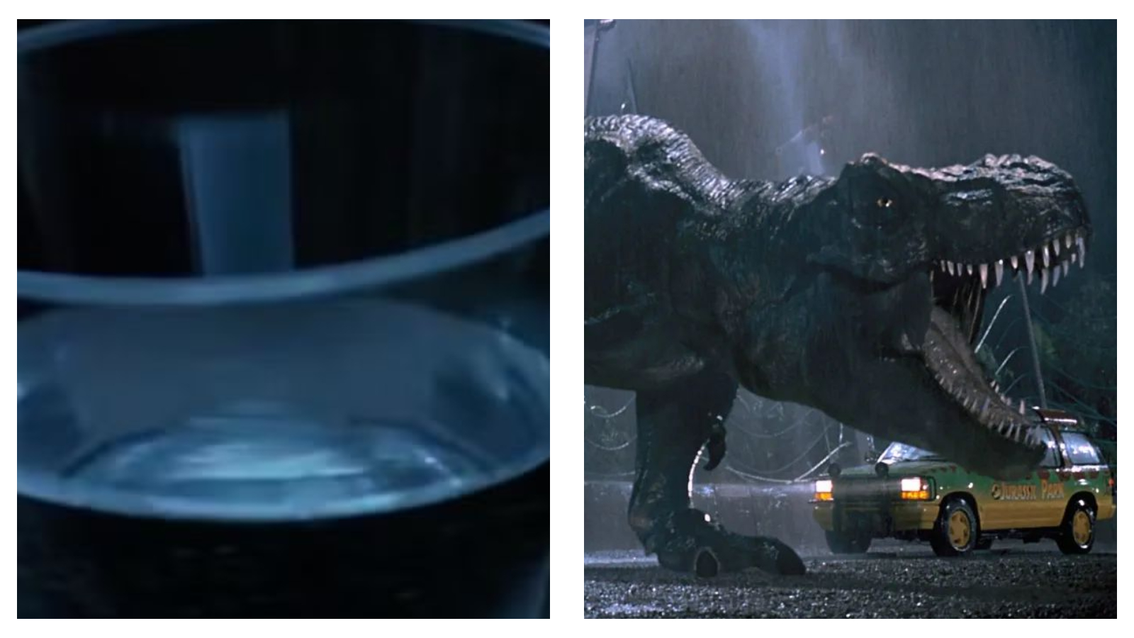 Two side-by-side film stills from Jurassic Park during a dark, rainy night. On the left, a close-up shows water rippling in a glass. On the right, a giant Tyrannosaurus rex roars with its mouth open next to a yellow and green tour vehicle bearing the text "JURASSIC PARK".