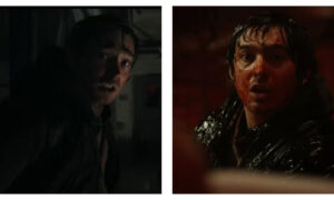 Side-by-side stills of Austin Abrams as Bryan in Resident Evil, looking back fearfully in a dark room on the left, and staring in shock with a blood-splattered face under warm light on the right.
