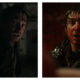 Side-by-side stills of Austin Abrams as Bryan in Resident Evil, looking back fearfully in a dark room on the left, and staring in shock with a blood-splattered face under warm light on the right.
