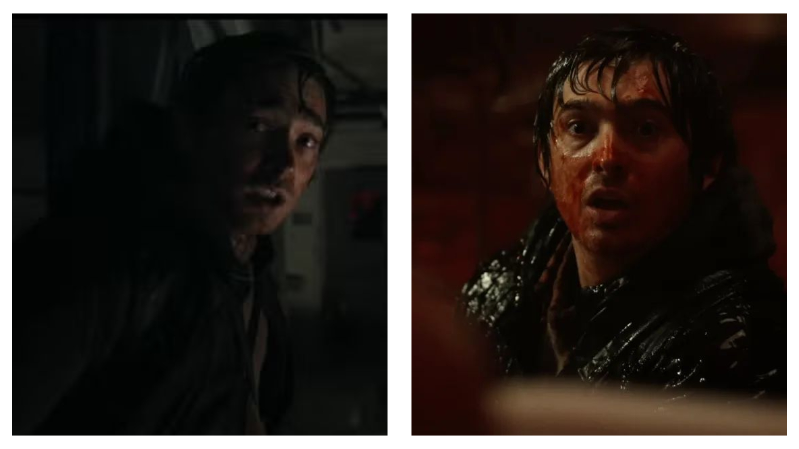 Side-by-side stills of Austin Abrams as Bryan in Resident Evil, looking back fearfully in a dark room on the left, and staring in shock with a blood-splattered face under warm light on the right.