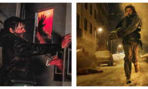 A split-screen composition featuring two stills from the film Resident Evil (2026). On the left, Bryan (Austin Abrams) strainingly presses against a door, holding off hands pressed against red-lit glass and a monster reaching through a bottom slot. On the right, he frantically runs down a snowy, night-time city street holding a package under his arm beneath streetlights.