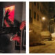 A split-screen composition featuring two stills from the film Resident Evil (2026). On the left, Bryan (Austin Abrams) strainingly presses against a door, holding off hands pressed against red-lit glass and a monster reaching through a bottom slot. On the right, he frantically runs down a snowy, night-time city street holding a package under his arm beneath streetlights.