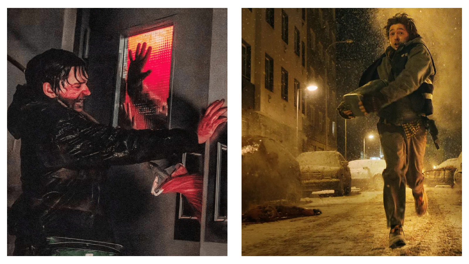 A split-screen composition featuring two stills from the film Resident Evil (2026). On the left, Bryan (Austin Abrams) strainingly presses against a door, holding off hands pressed against red-lit glass and a monster reaching through a bottom slot. On the right, he frantically runs down a snowy, night-time city street holding a package under his arm beneath streetlights.