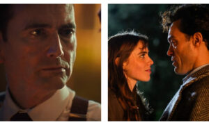 Split-screen still from Rivals: on the left, David Tennant as Tony Baddingham looks sternly ahead in a shirt and braces; on the right, Bella Maclean as Taggie O'Hara gazes intently into Alex Hassell's eyes as Rupert Campbell-Black.