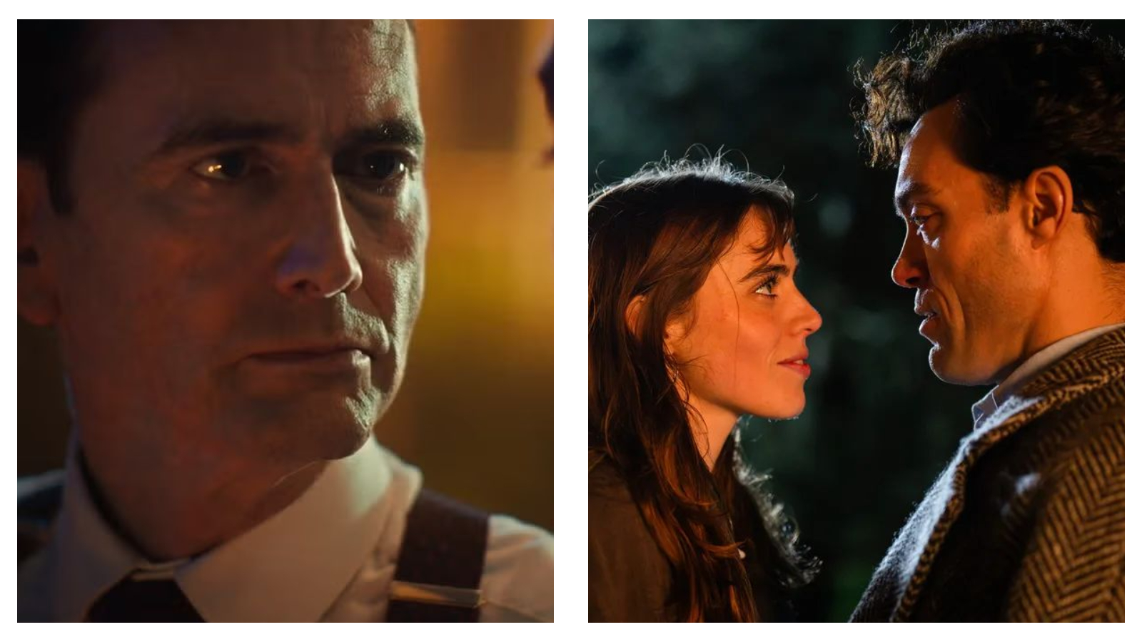 Split-screen still from Rivals: on the left, David Tennant as Tony Baddingham looks sternly ahead in a shirt and braces; on the right, Bella Maclean as Taggie O'Hara gazes intently into Alex Hassell's eyes as Rupert Campbell-Black.