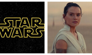 A split image featuring the yellow outlined "STAR WARS" logo on a starry black background on the left, alongside a close-up portrait of Rey wearing cream-coloured Jedi attire against a desert landscape on the right.