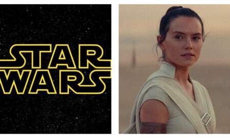 A split image featuring the yellow outlined "STAR WARS" logo on a starry black background on the left, alongside a close-up portrait of Rey wearing cream-coloured Jedi attire against a desert landscape on the right.