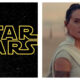 A split image featuring the yellow outlined "STAR WARS" logo on a starry black background on the left, alongside a close-up portrait of Rey wearing cream-coloured Jedi attire against a desert landscape on the right.