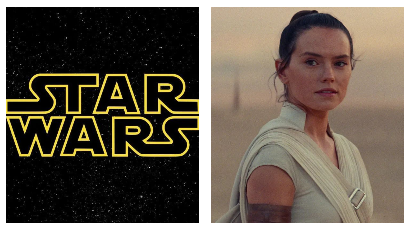 A split image featuring the yellow outlined "STAR WARS" logo on a starry black background on the left, alongside a close-up portrait of Rey wearing cream-coloured Jedi attire against a desert landscape on the right.