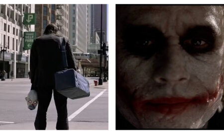 Side-by-side stills of the Joker holding a clown mask on a street, alongside a close-up of his smeared clown makeup.