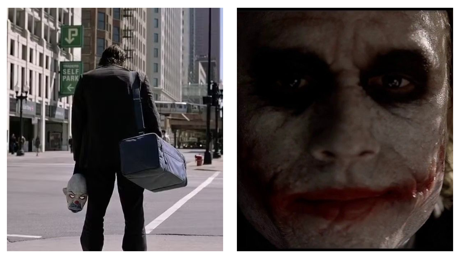 Side-by-side stills of the Joker holding a clown mask on a street, alongside a close-up of his smeared clown makeup.