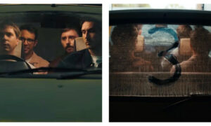 Side-by-side view of the main cast of The Inbetweeners looking solemn inside Simon's yellow Fiat Cinquecento, alongside a shot of the number "3" wiped into the dirty rear windscreen.