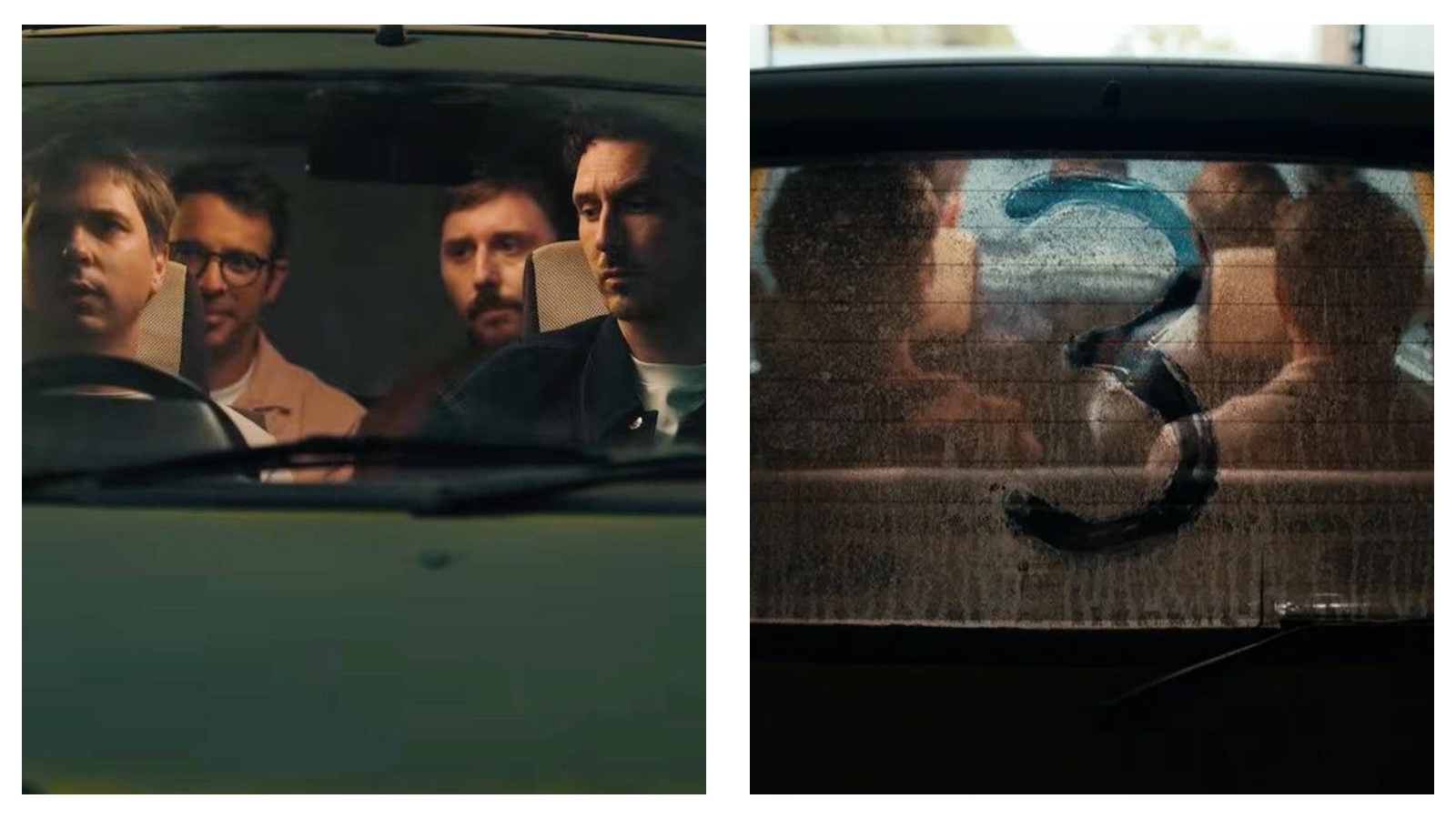 Side-by-side view of the main cast of The Inbetweeners looking solemn inside Simon's yellow Fiat Cinquecento, alongside a shot of the number "3" wiped into the dirty rear windscreen.
