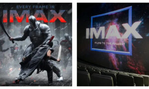 Promotional graphic showing a movie poster for The Odyssey beside an IMAX auditorium. On the left, a warrior fights a giant armoured figure with sparks flying beneath the text, "EVERY FRAME IN IMAX". On the right, empty cinema seats face a massive screen displaying a colourful nebula surrounded by a blue frame with text reading, "IMAX FILMS TO THE FULLEST".