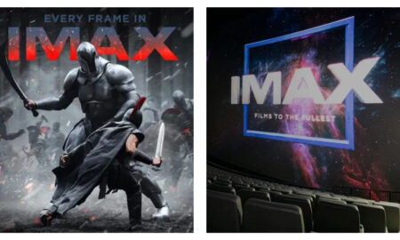 Promotional graphic showing a movie poster for The Odyssey beside an IMAX auditorium. On the left, a warrior fights a giant armoured figure with sparks flying beneath the text, "EVERY FRAME IN IMAX". On the right, empty cinema seats face a massive screen displaying a colourful nebula surrounded by a blue frame with text reading, "IMAX FILMS TO THE FULLEST".