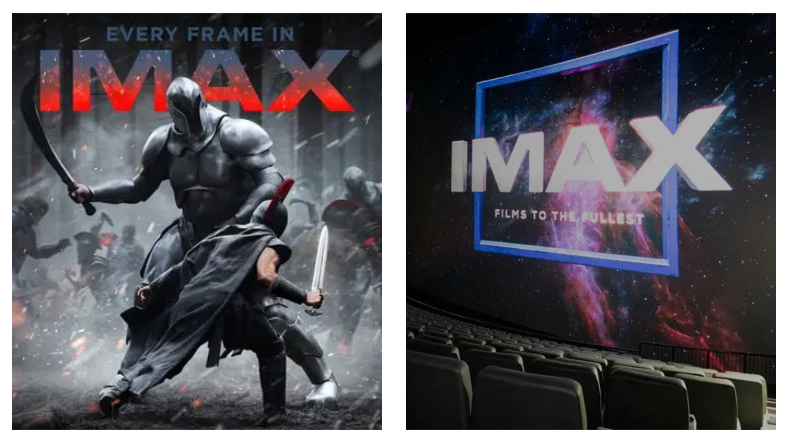 Promotional graphic showing a movie poster for The Odyssey beside an IMAX auditorium. On the left, a warrior fights a giant armoured figure with sparks flying beneath the text, "EVERY FRAME IN IMAX". On the right, empty cinema seats face a massive screen displaying a colourful nebula surrounded by a blue frame with text reading, "IMAX FILMS TO THE FULLEST".